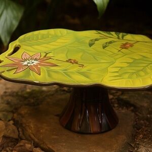 Tracy Porter Lotus Collection Hand Painted Leaf-Shaped Ceramic Cake Stand 13x12